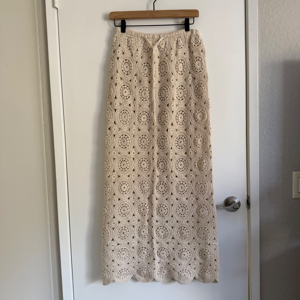 Solitaire Cream Crochet Maxi Skirt Beige Boho Festival Resort Romantic